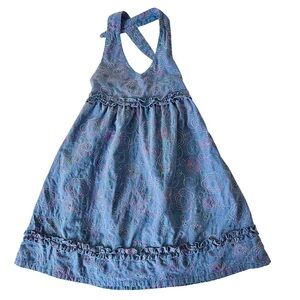 Vintage Penelope Mack Embroidered Halter Dress – Size 4T – Blue Denim Look